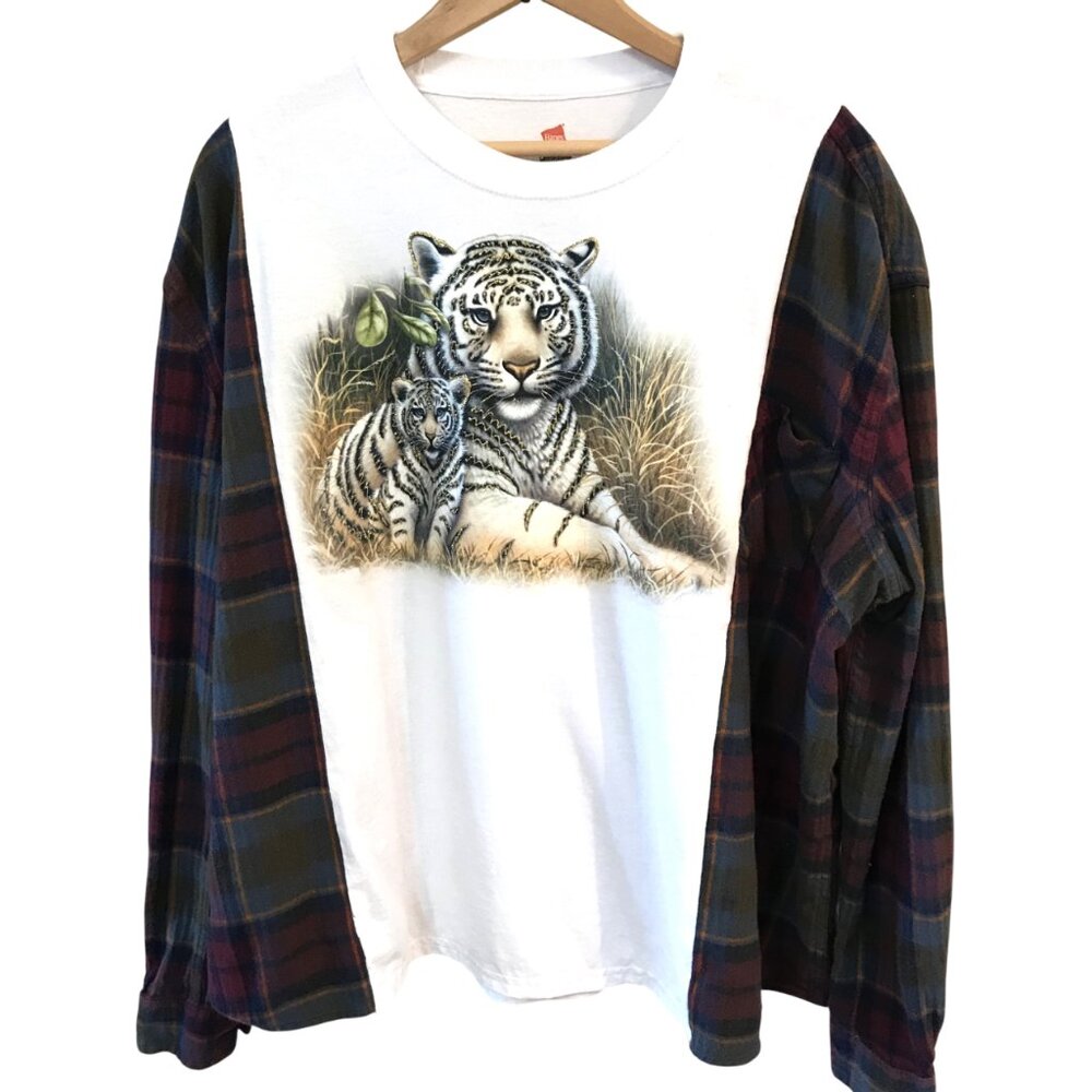 Upcycled Oversized Graphic Tee, Tiger Print Flannel Sleeves Plus Size L-2XL